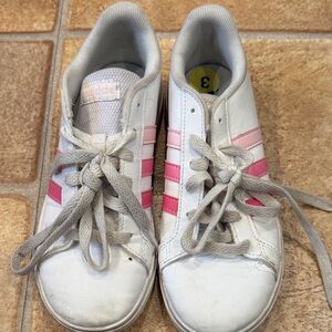 Adidas White Sneakers with Pink Stripes